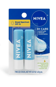 NIVEA Smoothness Lip Care, Lip Balm SPF 15 with Shea Butter, 0.17 oz Stick, Pack of 2